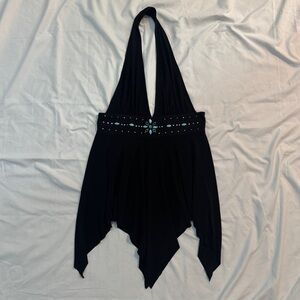 Vintage Black Halter Top with Handkerchief Hem & Blue Beaded Details, Fairycore